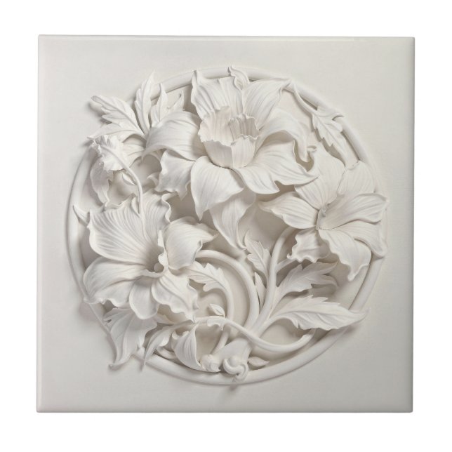 Elegant White Faux Relief Flowers Ceramic Tile (Front)