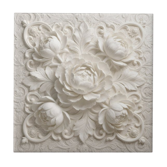 Elegant White Faux Relief Flowers Ceramic Tile (Front)