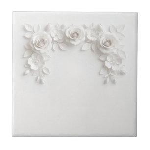 Elegant White Faux Relief Roses Ceramic Tile