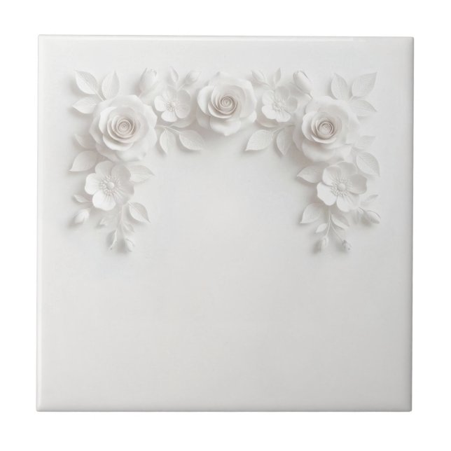 Elegant White Faux Relief Roses Ceramic Tile (Front)