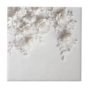 Elegant White Faux Relief Roses Ceramic Tile
