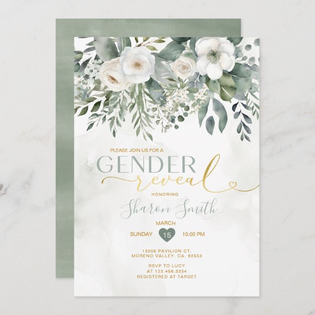 Elegant White Floral And Eucalyptus Gender Reveal Invitation (Front/Back)