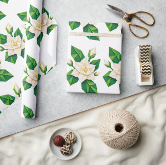 Elegant White Floral and Green Leaves Wrapping Paper