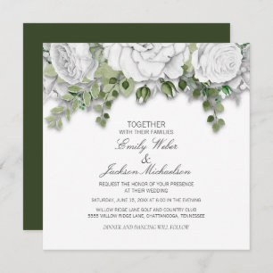 Elegant White Floral and Green Wedding Invitation