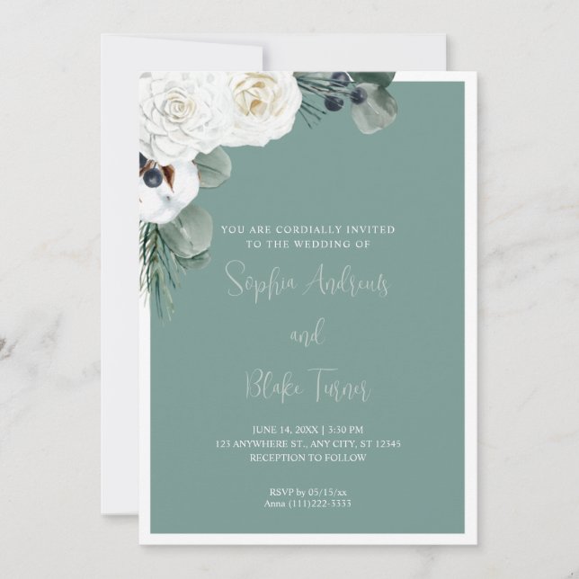 Elegant White Floral and Greenery Green Wedding Invitation (Front)