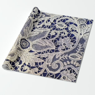 Elegant White Floral Antique Lace On Navy Wrapping Paper