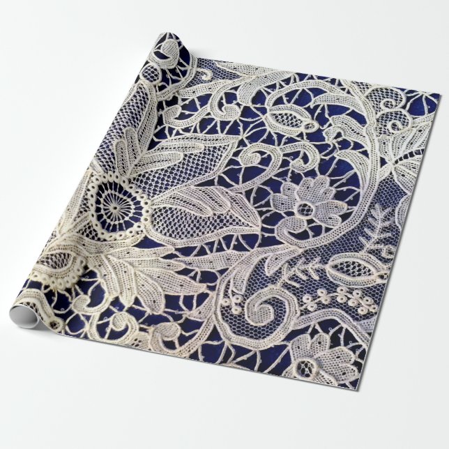 Elegant White Floral Antique Lace On Navy Wrapping Paper (Unrolled)