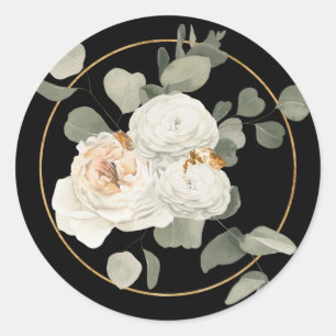Elegant White Floral Arrangement on Black Classic Round Sticker