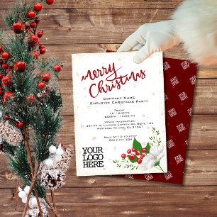 Elegant White Floral Berries Snow Christmas Party Invitation