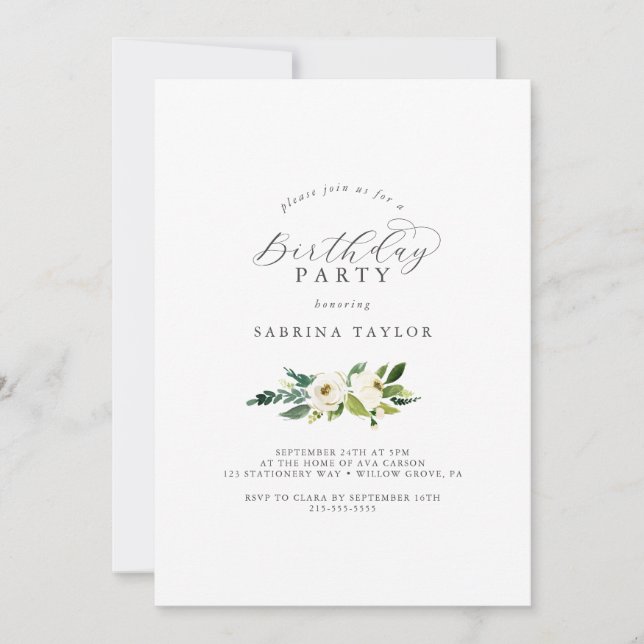 Elegant White Floral Birthday Party Invitation (Front)