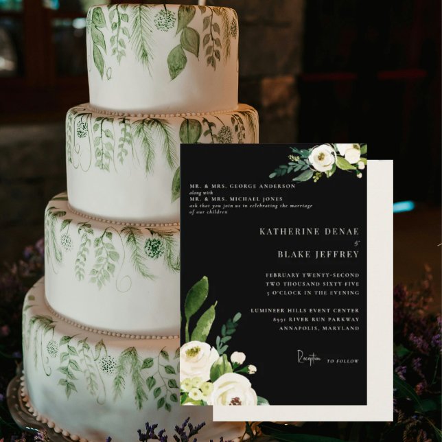 Elegant White Floral Black and Cream Both Parents Invitation (Creator Uploaded)