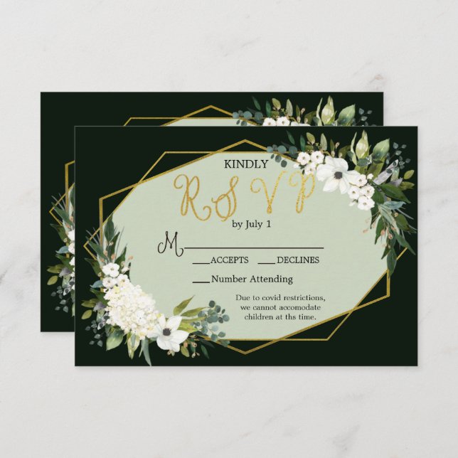 Elegant White Floral Black & Gold Geometric  RSVP Card (Front/Back)