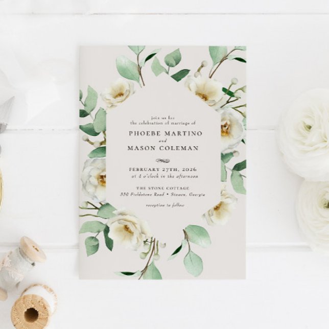 Elegant White Floral Blooms Greenery Wedding Invitation (Creator Uploaded)