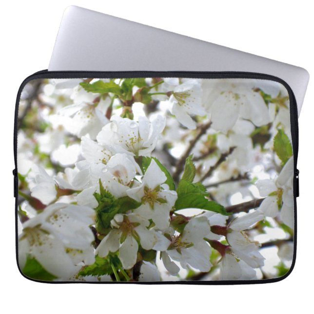 Elegant white floral blossom photo laptop sleeve (Front)