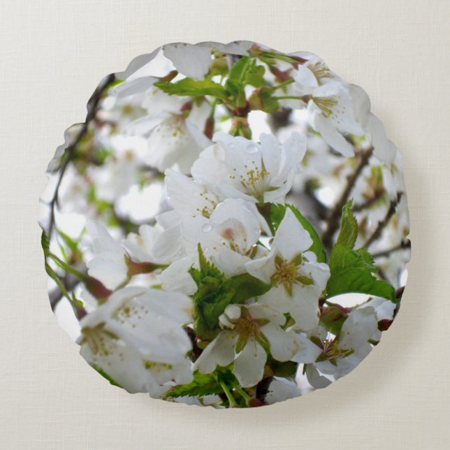 Elegant white floral blossom photo round cushion (Front)
