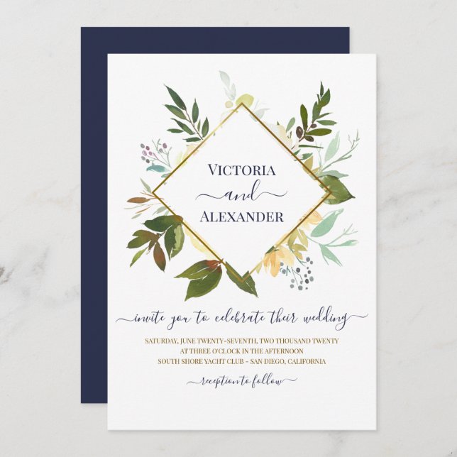 Elegant White Floral Blue Gold Foil Frame Wedding Invitation (Front/Back)