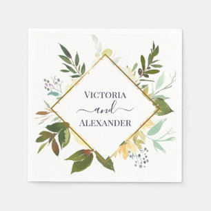 Elegant White Floral Blue Gold Foil Frame Wedding Napkin