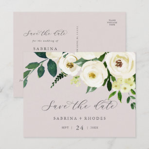 Elegant White Floral Blush Mauve Save the Date Invitation Postcard