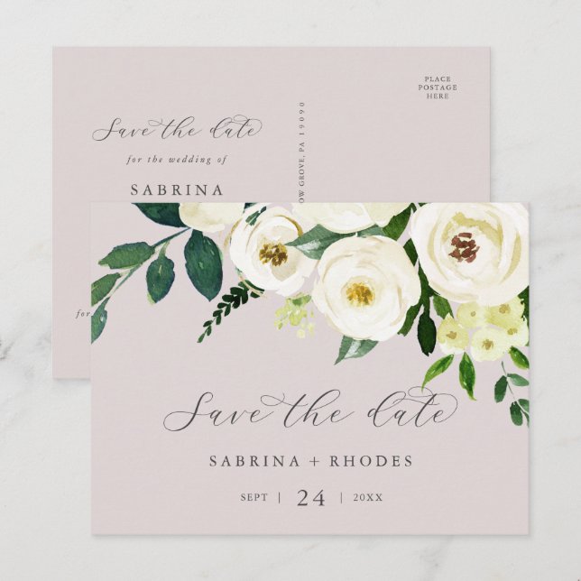 Elegant White Floral | Blush Mauve Save the Date Invitation Postcard (Front/Back)