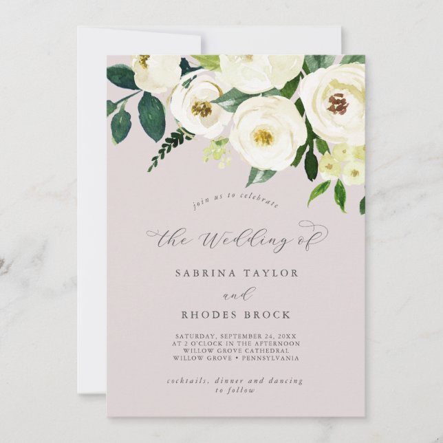 Elegant White Floral | Blush Mauve The Wedding Of Invitation (Front)
