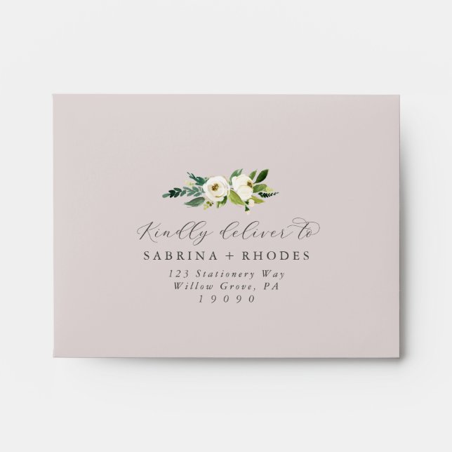 Elegant White Floral | Blush Self-Addressed RSVP Envelope (Front)