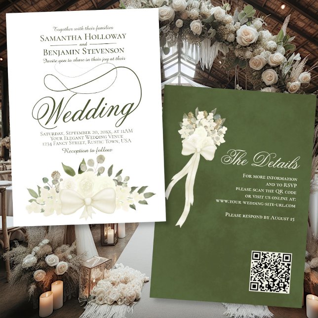 Elegant White Floral Bouquet QR Code Wedding Invitation (Front/Back)