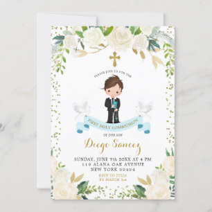 Elegant White Floral Boy First Holy Communion Invitation