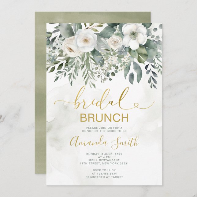 Elegant White Floral Bridal Brunch Shower Gold Invitation (Front/Back)