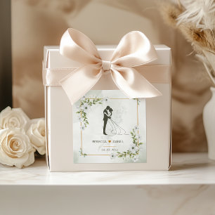 Elegant White Floral Bride and Groom Wedding Square Sticker