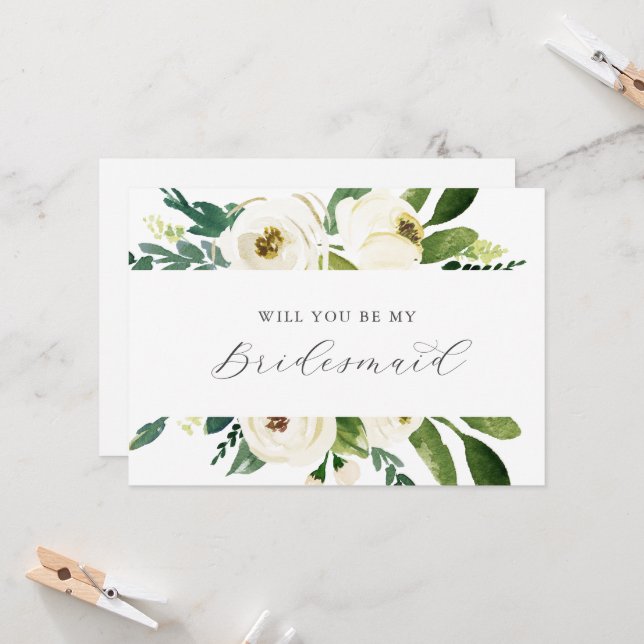 Elegant White Floral Bridesmaid Proposal Card (Front/Back In Situ)