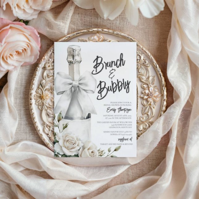 Elegant White Floral Brunch and Bubbly  (Brunch & Bubbly Bridal Shower Invitation)