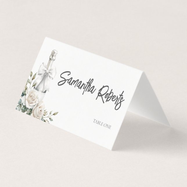 Elegant White Floral Brunch and Bubbly Place Card (Front)
