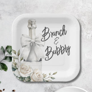 Elegant White Floral Brunch and Bubbly Stickers Paper Plate