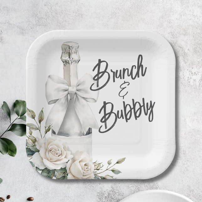 Elegant White Floral Brunch and Bubbly Stickers Paper Plate (Brunch and Bubbly Bridal Shower Plate)
