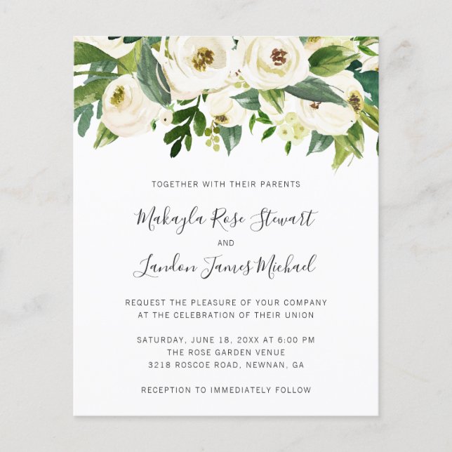 Elegant White Floral Budget Wedding Invitation (Front)