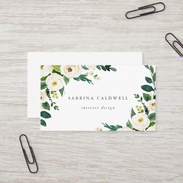 Elegant White Floral Business Card (Front/Back In Situ)