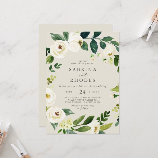 Elegant White Floral Champagne Front Back Wedding Invitation (Front/Back In Situ)