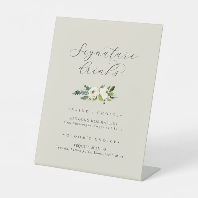 Elegant White Floral | Champagne Signature Drinks Pedestal Sign (Front)