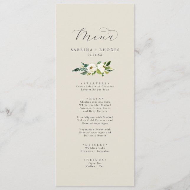 Elegant White Floral | Champagne Wedding Menu (Front)