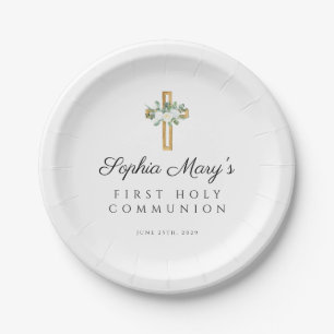 Elegant White Floral Cross First Communion Paper Plate