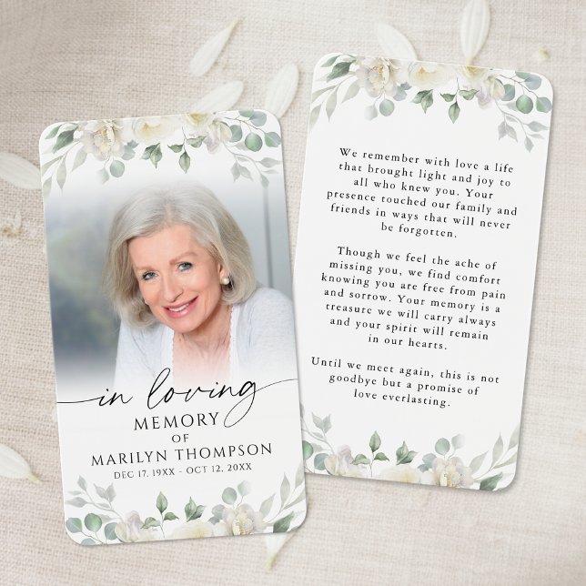 Elegant White Floral Cross Photo Prayer Card (Creator Uploaded)