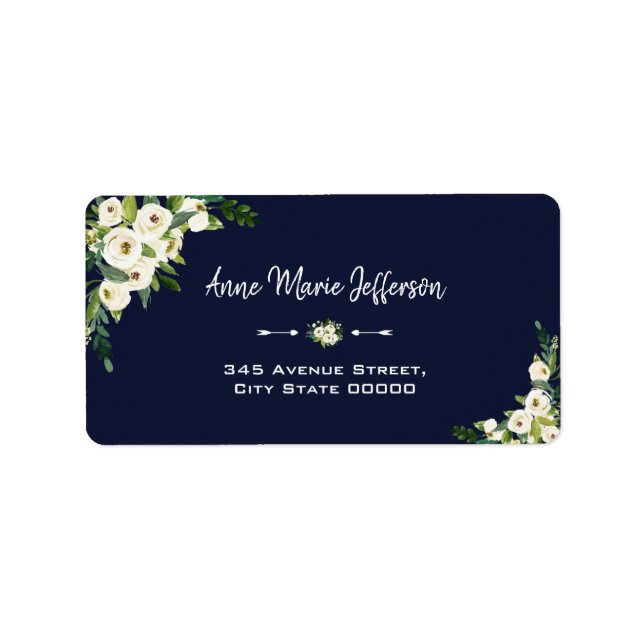 Elegant White Floral Dark Blue Wedding Label (Front)