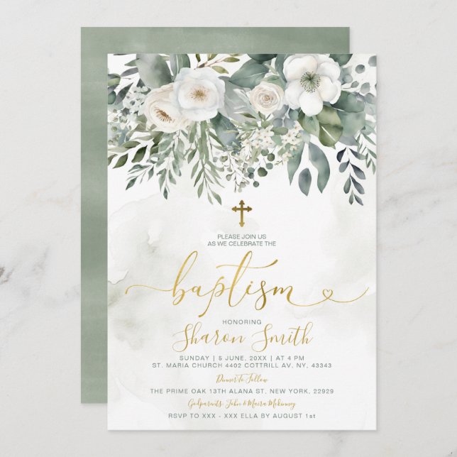 Elegant White Floral Eucalyptus Baptism Gold Cross Invitation (Front/Back)