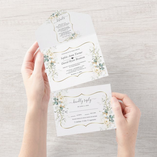 Elegant White Floral Eucalyptus Gold Wedding   All In One Invitation (Tearaway)