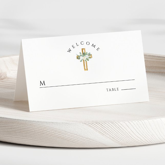 Elegant White Floral First Communion  Place Card (Front - Elegant White Floral First Communion Place Card)