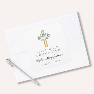 Elegant White Floral First Communion Square Sticker
