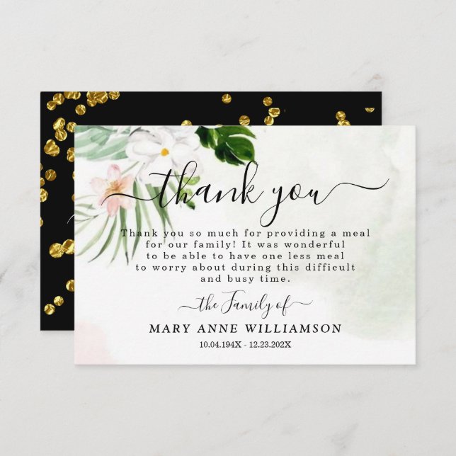 Elegant White Floral Funeral Food Thank You Card (Front/Back)