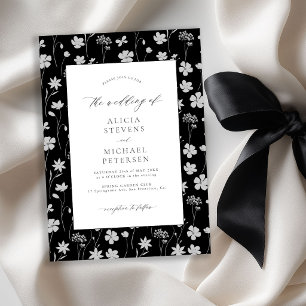Elegant white floral garden black wedding  invitation