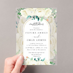 Elegant White Floral Garden Islamic Muslim Wedding Acrylic Invitations