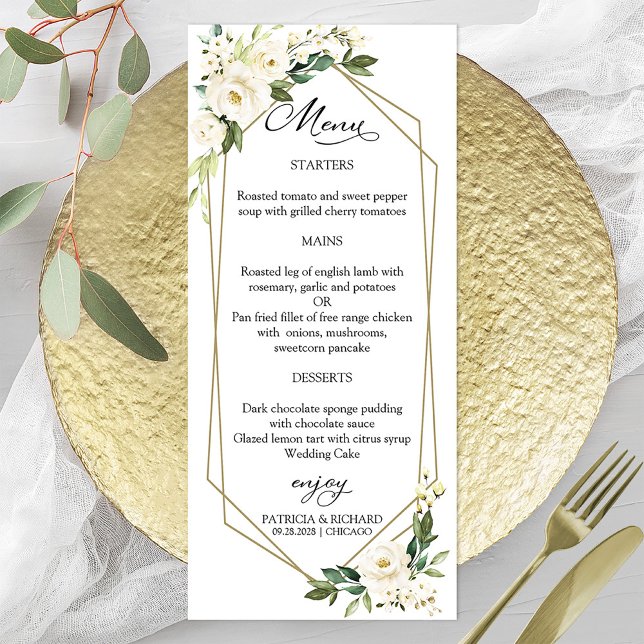 Elegant White Floral Geometric Wedding Menu Cards (Creator Uploaded)